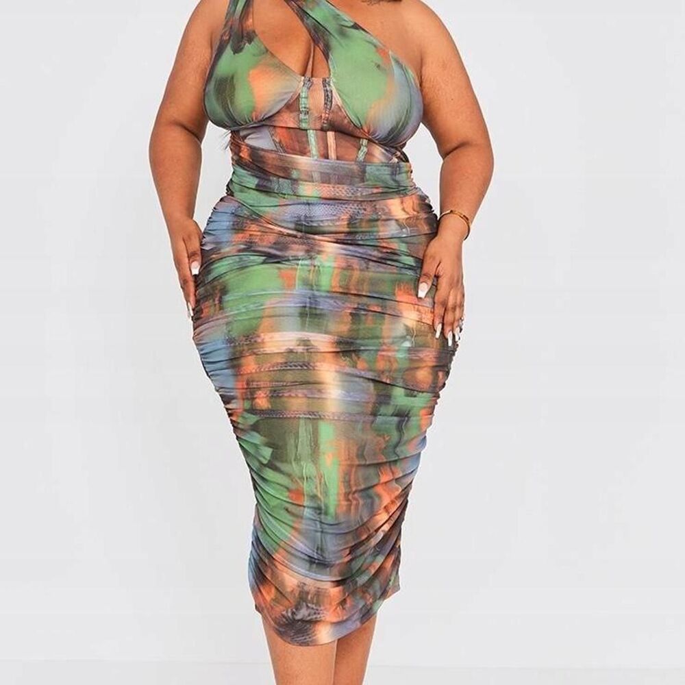 Pretty Little Thing size 16 abstract-print, one-shoulder ruched mesh dress i
